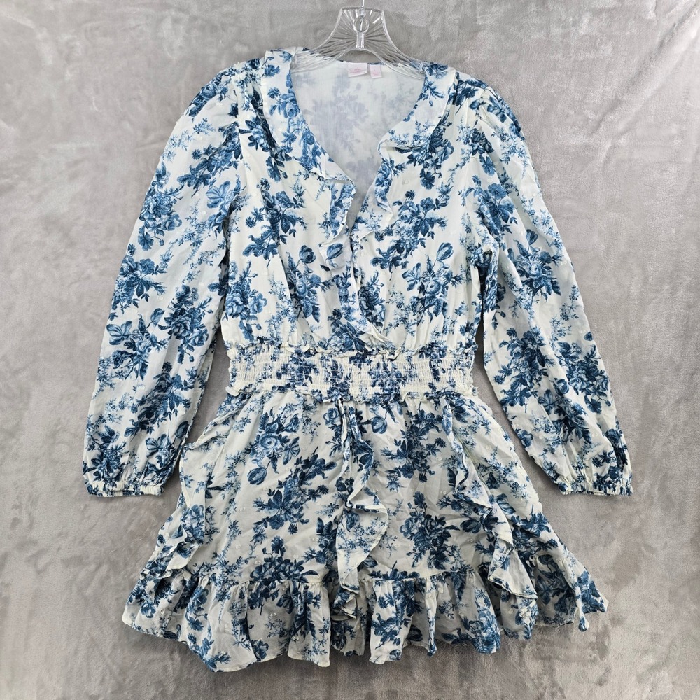 Gap x LoveShackFancy Womens L Dress Blue Floral Toile Smocked Ruffle Mini